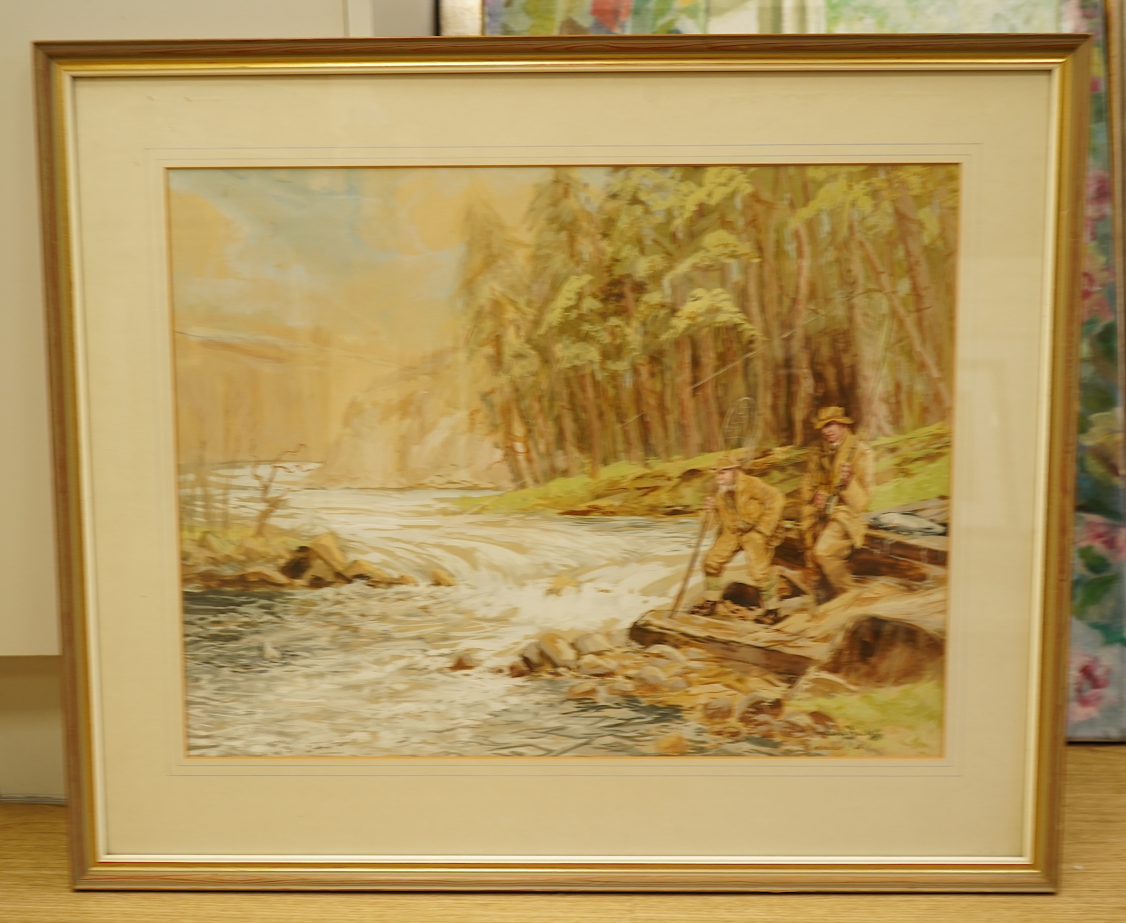 Reuben Ward Binks (1880-1950), Riverscape with anglers, signed, gouache, 44 x 56cm